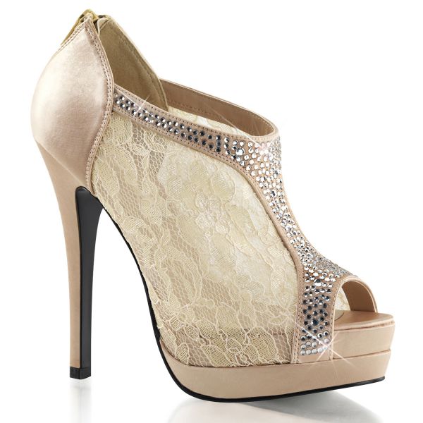 Bella-26 Peep Toe Plateau Bootie champagnerfarben, Satin mit Spitze und Strass